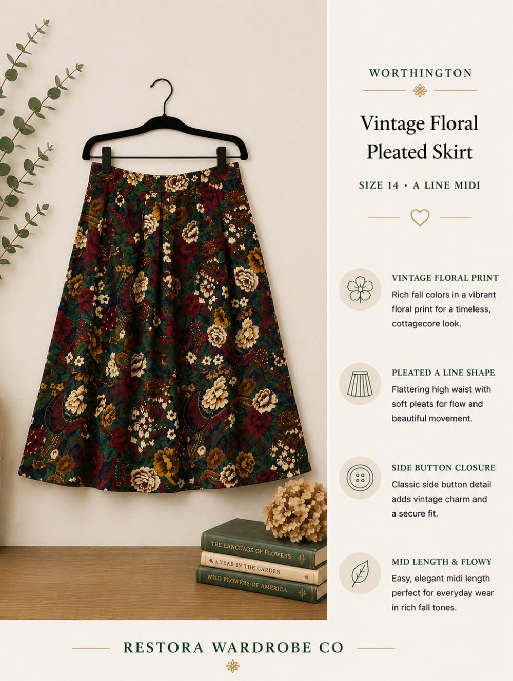 Worthington Vintage Floral Pleated Skirt Size 14 A-Line Midi Fall Colors